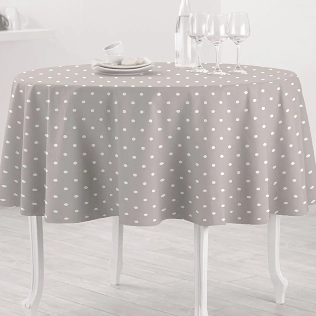 Nappe ronde beige motifs pois blancs