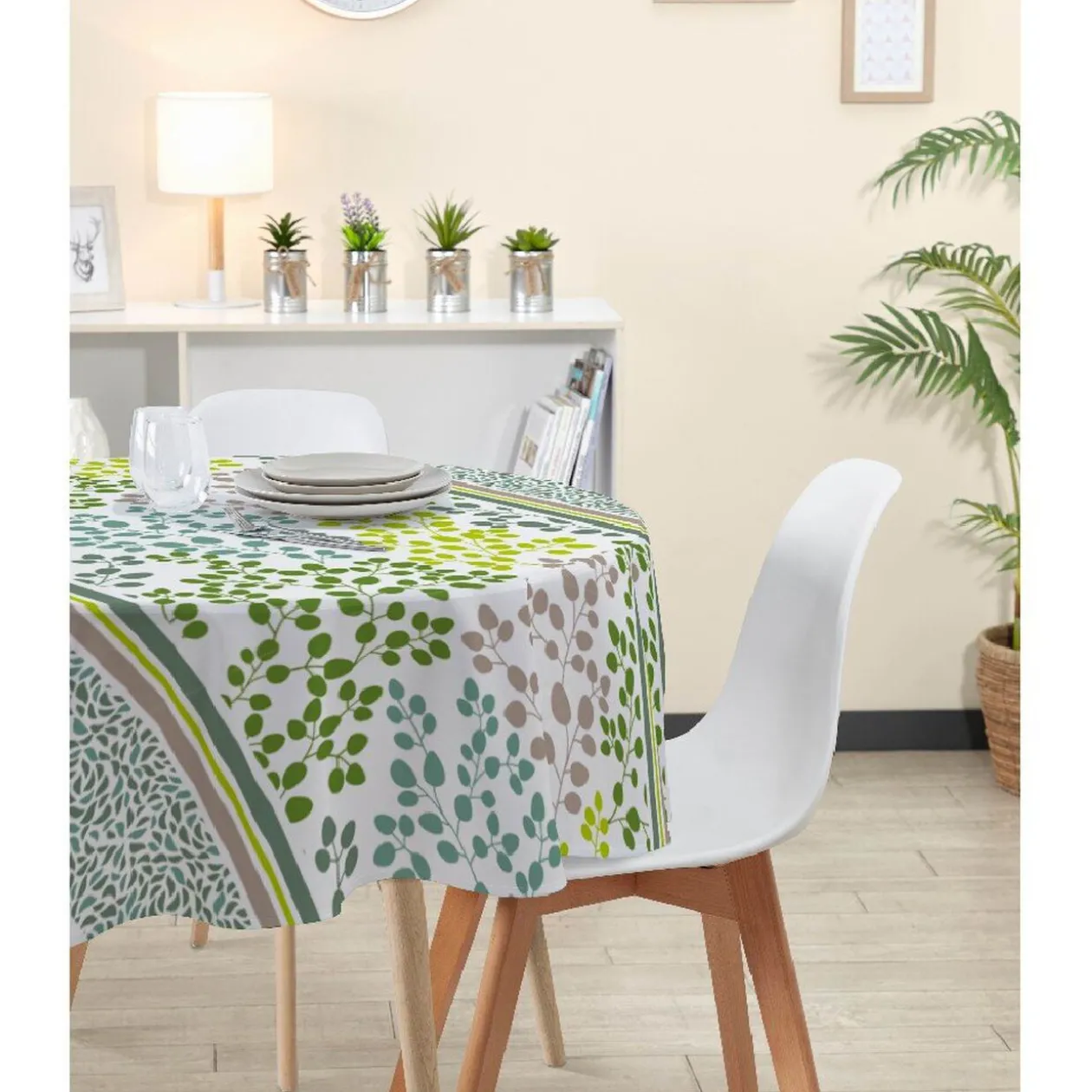 Nappe ronde blanche imprimée feuillage vert
