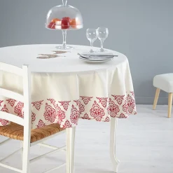 Nappe ronde crème design poule et fleurs rouges