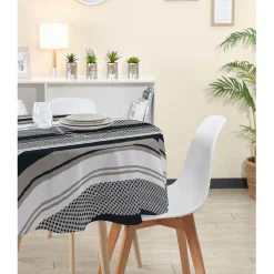 Nappe ronde imprimée bayadère noir blanc et gris