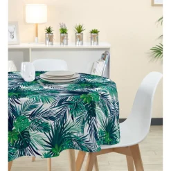 Nappe ronde motif feuillage jungle exotique vert