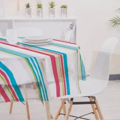 Nappe ronde plastique transparent motif rayures multicolores