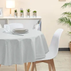Nappe ronde polyester anti tâche blanc à motif carreau