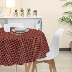 Nappe ronde polyester anti tâche imprimé carreau de ciment rouge blanc