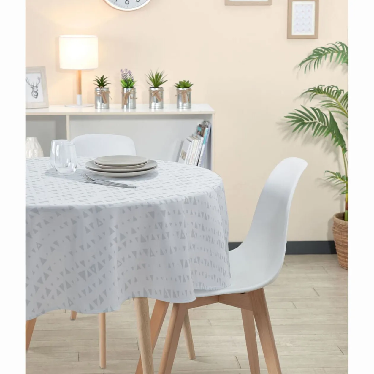 Nappe ronde tissu jacquard blanc à motif triangles