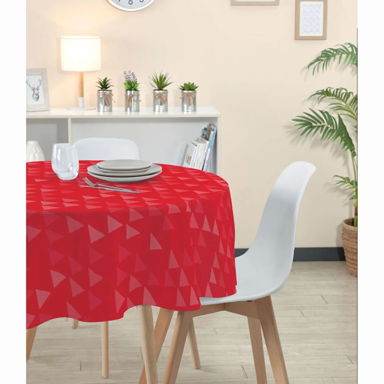 Nappe ronde tissu jacquard rouge à motif triangles