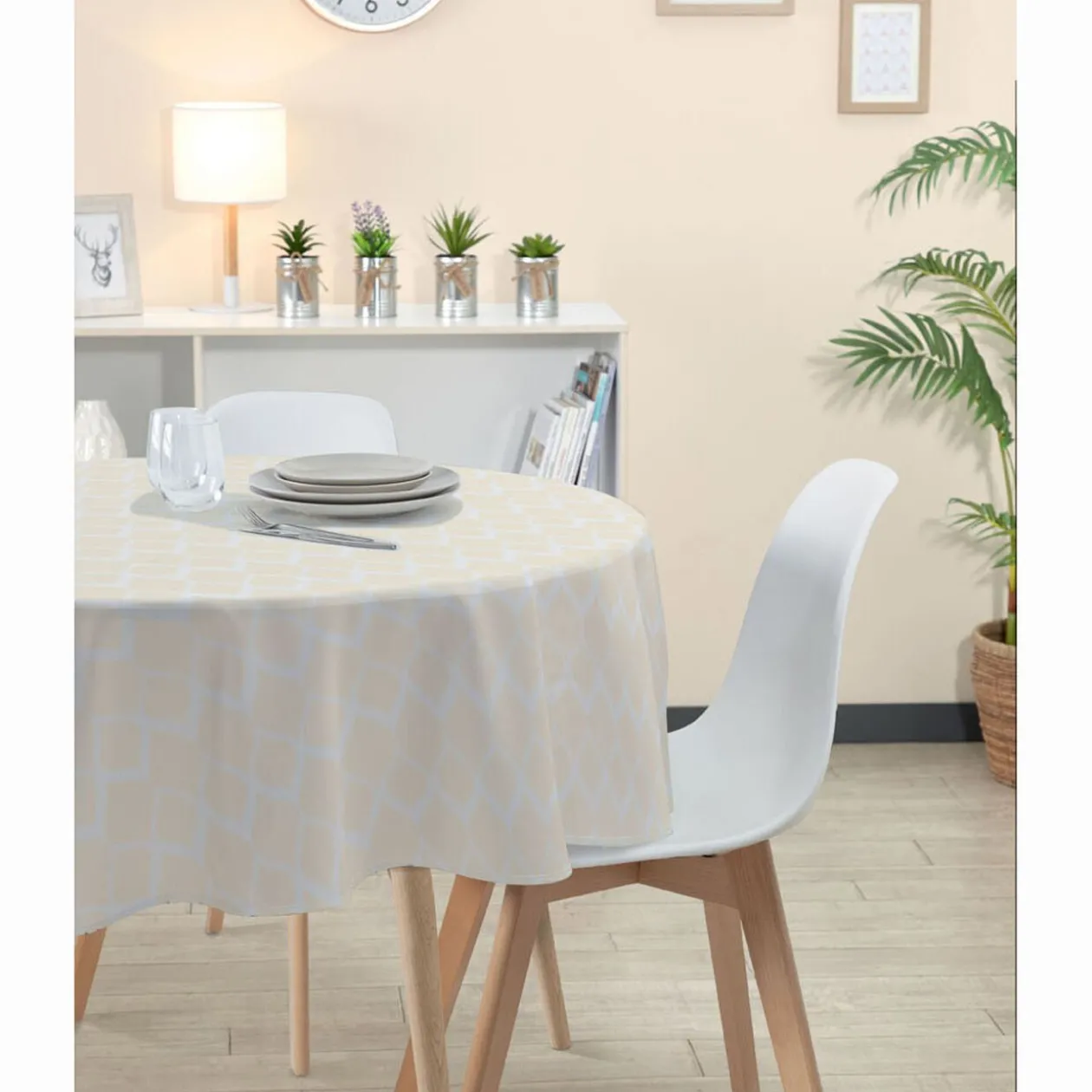 Nappe ronde tissu jacquard à motif moucharabieh ivoire