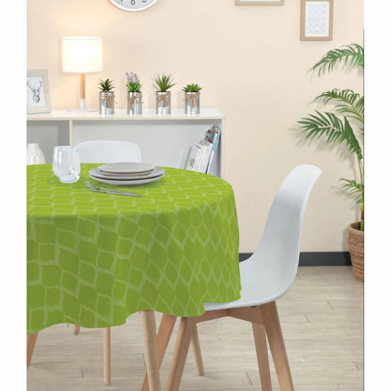 Nappe ronde tissu jacquard à motif moucharabieh vert anis