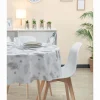 Nappe ronde tissu jacquard blanc à motif plumes grises