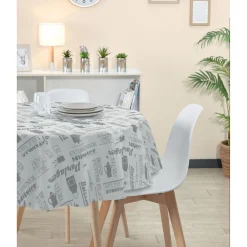 Nappe ronde toile cirée blanche avec inscription grise