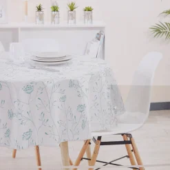Nappe ronde toile cirée blanche motif branches vertes