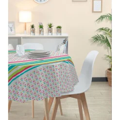 Nappe ronde toile cirée motif bayadère et triangle muticolore