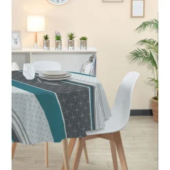 Nappe ronde toile cirée motif carreau de ciment gris et bleu