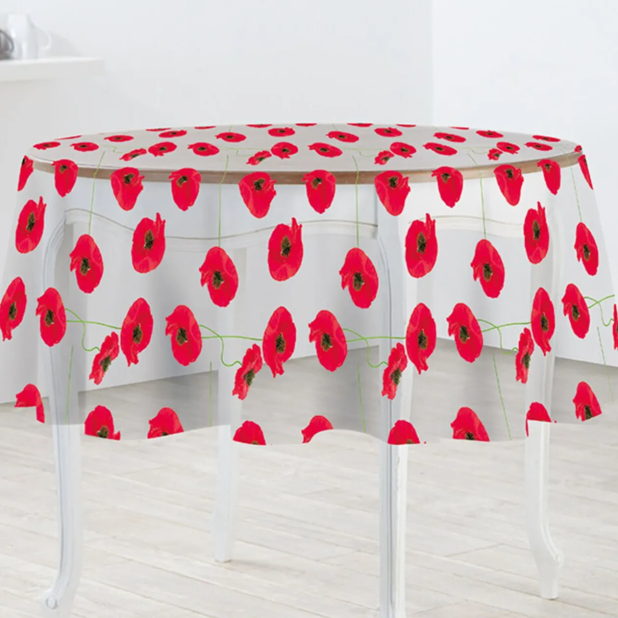 Nappe ronde transparente motifs coquelicots