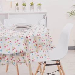 Nappe ronde transparente motifs triangles multicolores