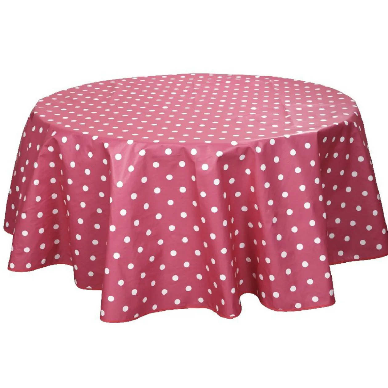 Nappe toile cirée ronde rose fuchsia à pois blancs