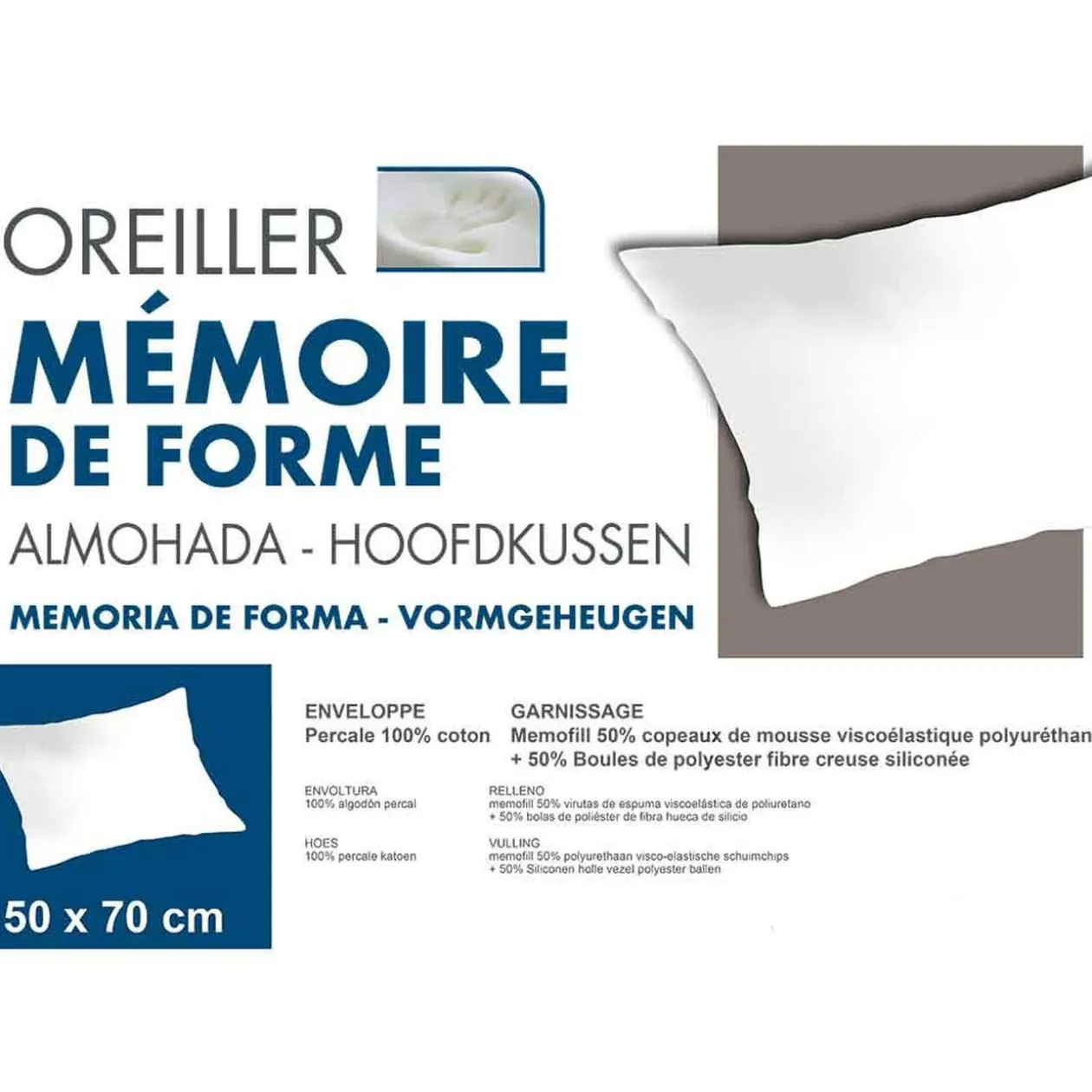 Oreiller à mémoire de forme blanc 50x70 cm