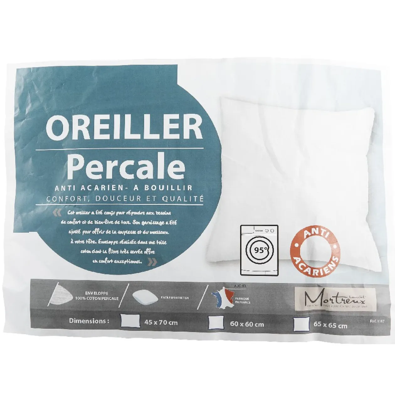 Oreiller anti acarien percale 60x60 cm