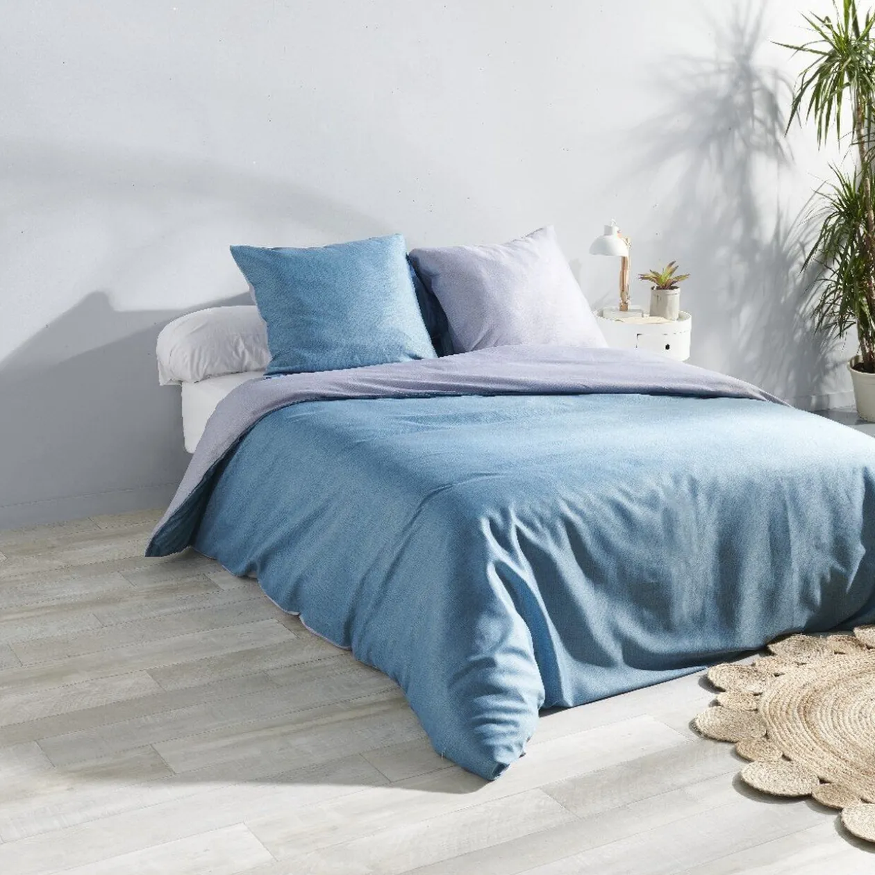 Parure de couette bicolore bleu et gris