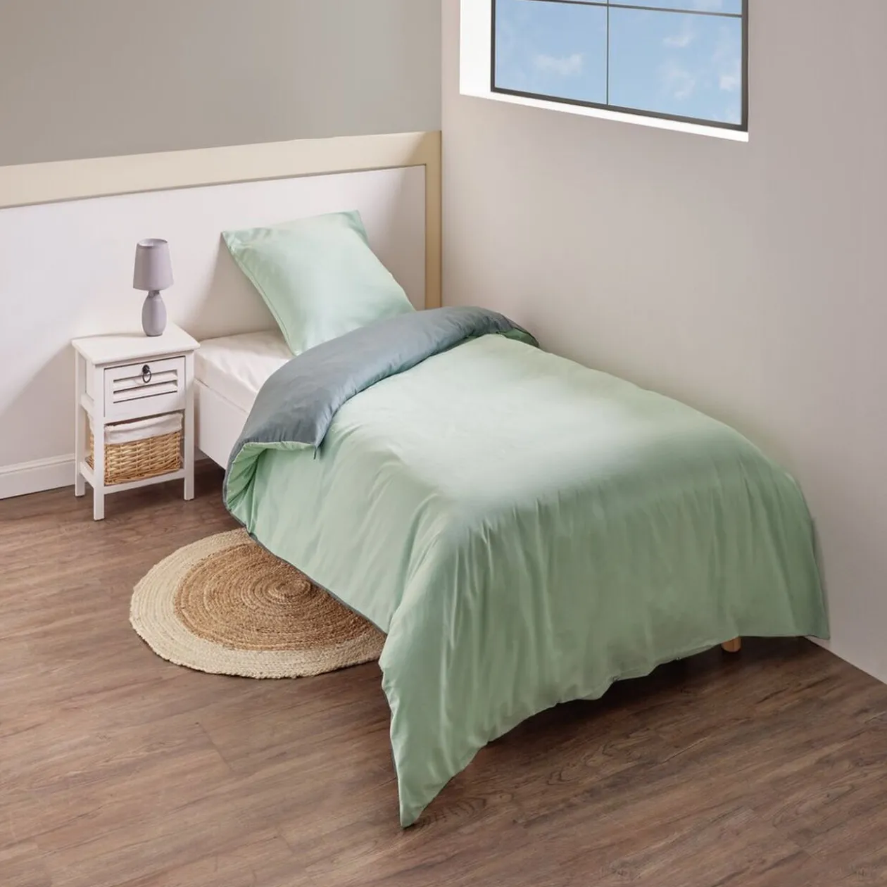 Parure de lit 1 personne 140x200cm polycoton réversible vert d'eau