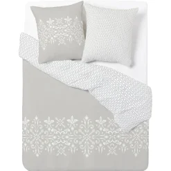 Parure de lit 2 personnes 220x240 cm gris blanc motif plumes ou fleurs