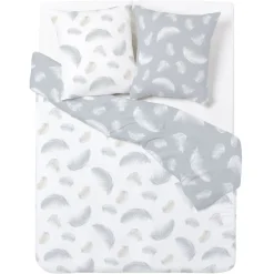 Parure de lit 2 personnes 220x240 cm gris blanc motif plumes ou fleurs