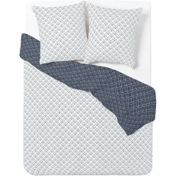 Parure de lit 2 personnes 240x220cm polycoton motif géométrique bleu blanc