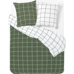 Parure de lit 2 personnes 200x200cm réversible quadrillé vert et blanc