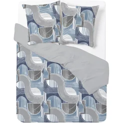 Parure de lit 2 personnes 240x220cm réversible courbe géométrique bleu et gris