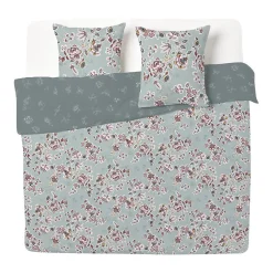 Parure de lit 2 personnes 260x240cm réversible motif floral vert et rose