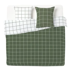Parure de lit 2 personnes 260x240cm réversible quadrillage vert et blanc