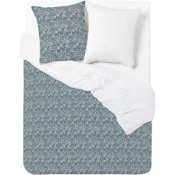 Parure de lit 2 personnes 240x220cm réversible motif floral vert et blanc