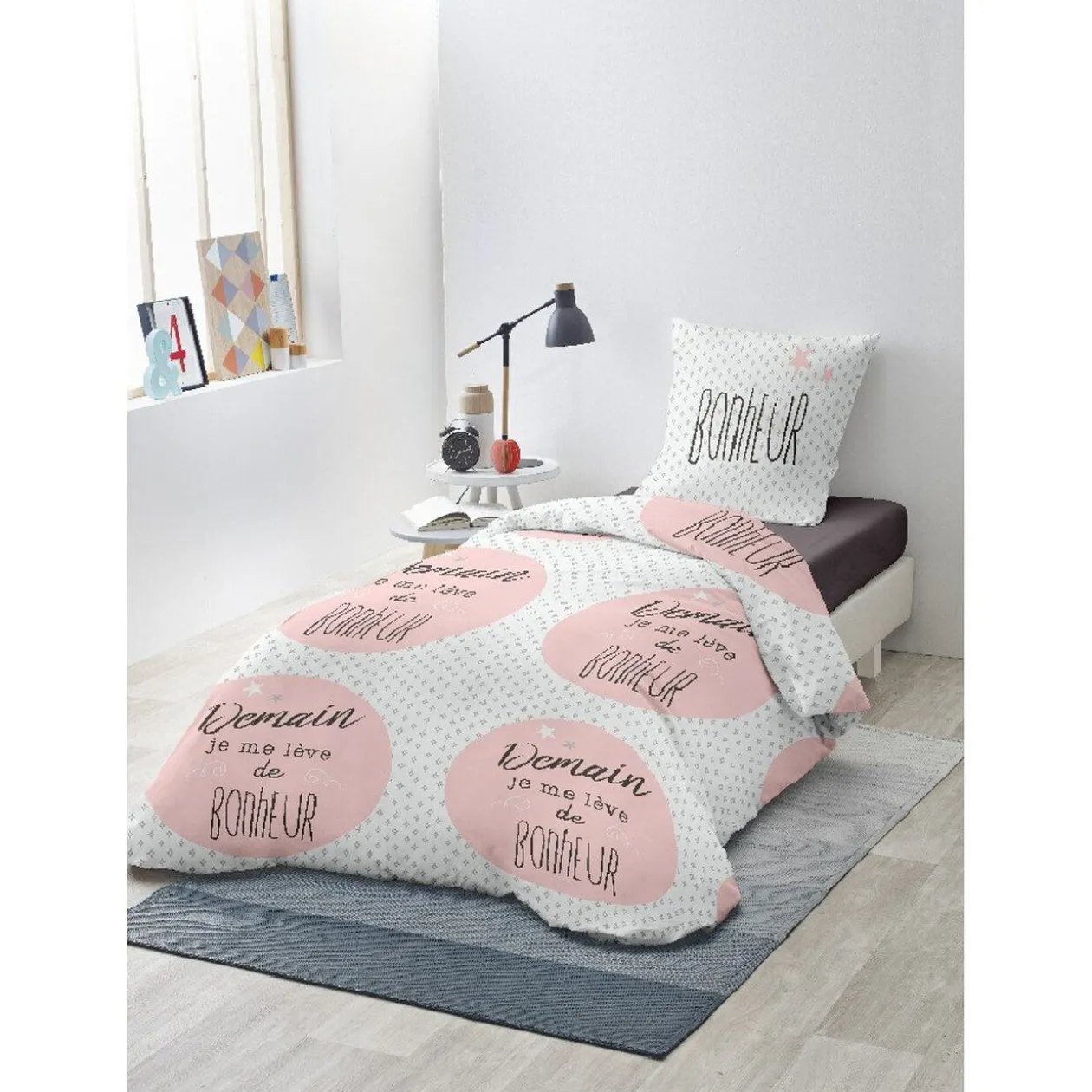 Parure de lit 1 place blanc et rose Bonheur