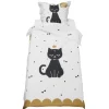 Parure de lit 1 place blanc design chat noir et doré