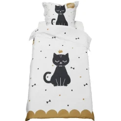 Parure de lit 1 place blanc design chat noir et doré