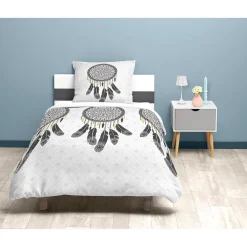 Parure de lit 1 place blanche attrape-rêve noir