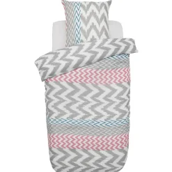 Parure de lit 1 place design zig zag blanc gris bleu et rose