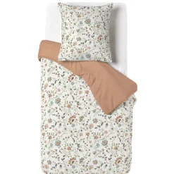 Parure de lit 1 place finition boutons coton imprimé fleuri beige