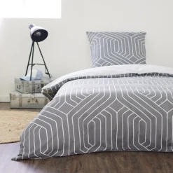 Parure de lit 1 place finition boutons coton imprimé motif géométrique gris