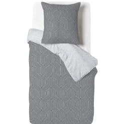 Parure de lit 1 place finition boutons coton imprimé motif géométrique gris