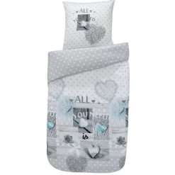 Parure de lit 1 place grise imprimée patchwork coeurs et pois