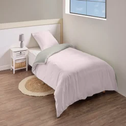 Parure de lit 1 place réversible beige et rose 140x200cm