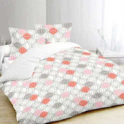 Parure de lit 2 places blanche imprimée losanges rose gris