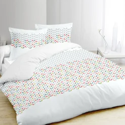 Parure de lit 2 places blanche motifs feuilles multicolores