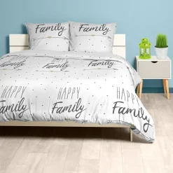 Parure de lit 2 places blanche imprimée family