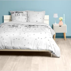 Parure de lit 2 places blanc et gris motif étoiles et lunes