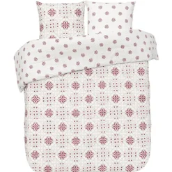 Parure de lit 2 places blanche et grise motifs rosaces prune