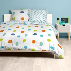 Parure de lit 2 places blanche motif galets multicolores