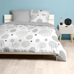 Parure de lit 2 places blanche et taupe motifs plumetis