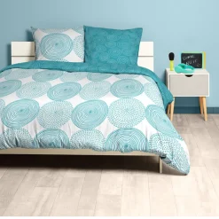 Parure de lit 2 places blanche et turquoise motif tourbillons